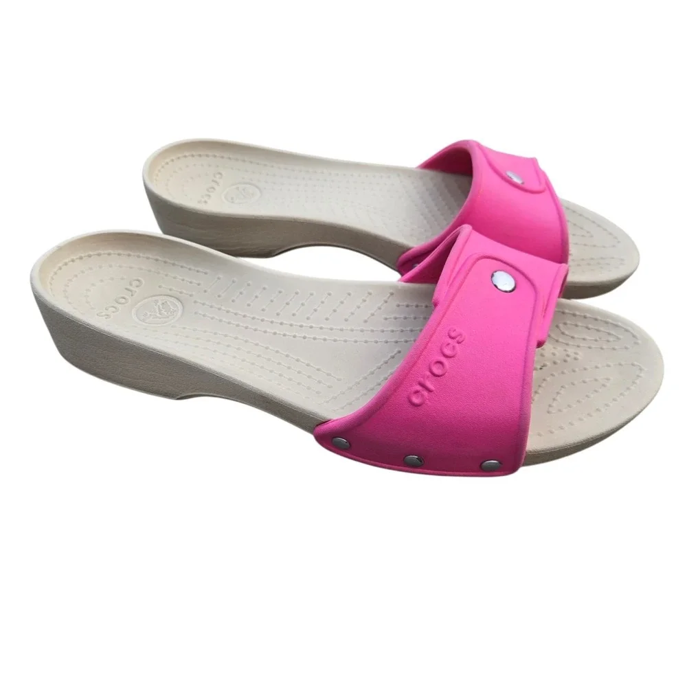 CROCS Sandal Cobbler Womens sz 8 PINK Slides Slip On Single Strap Preppy Beach